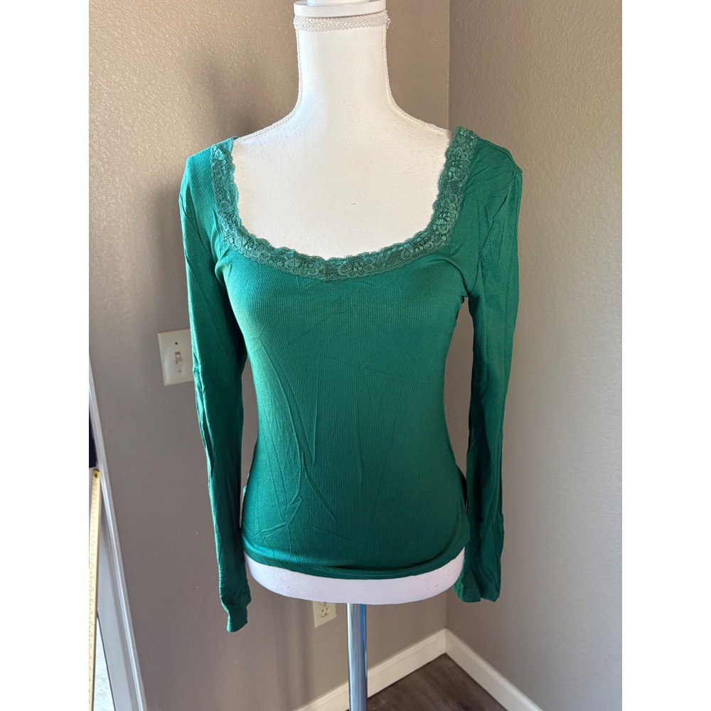 Unbranded Green Ribbed Knit Lace Trim Scoop Neck Long Sleeve Top Womens Large